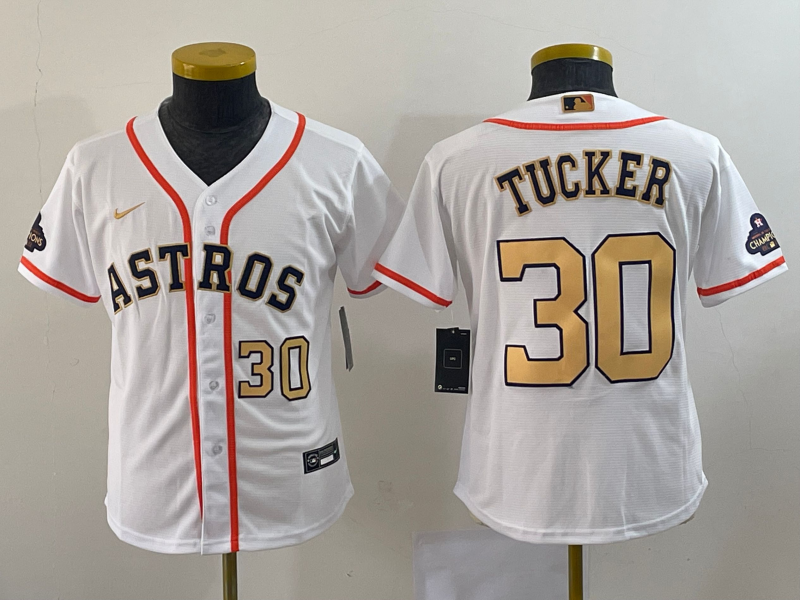 Youth Houston Astros #30 Kyle Tucker White 2023 Gold Collection With World Serise Champions Patch Stitched Baseball Jersey